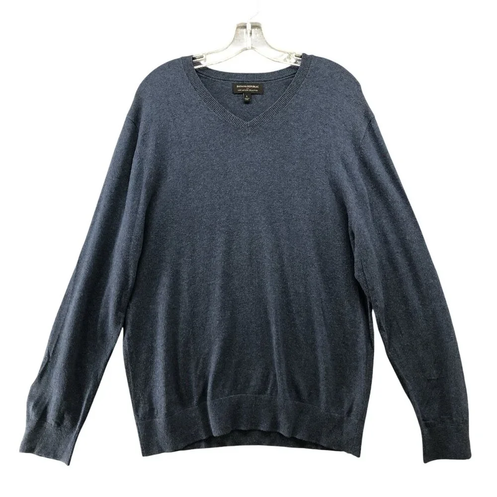Banana Republic Luxe V-Neck Sweater Mens L Navy Blue Lightweight Cotton Blend‎